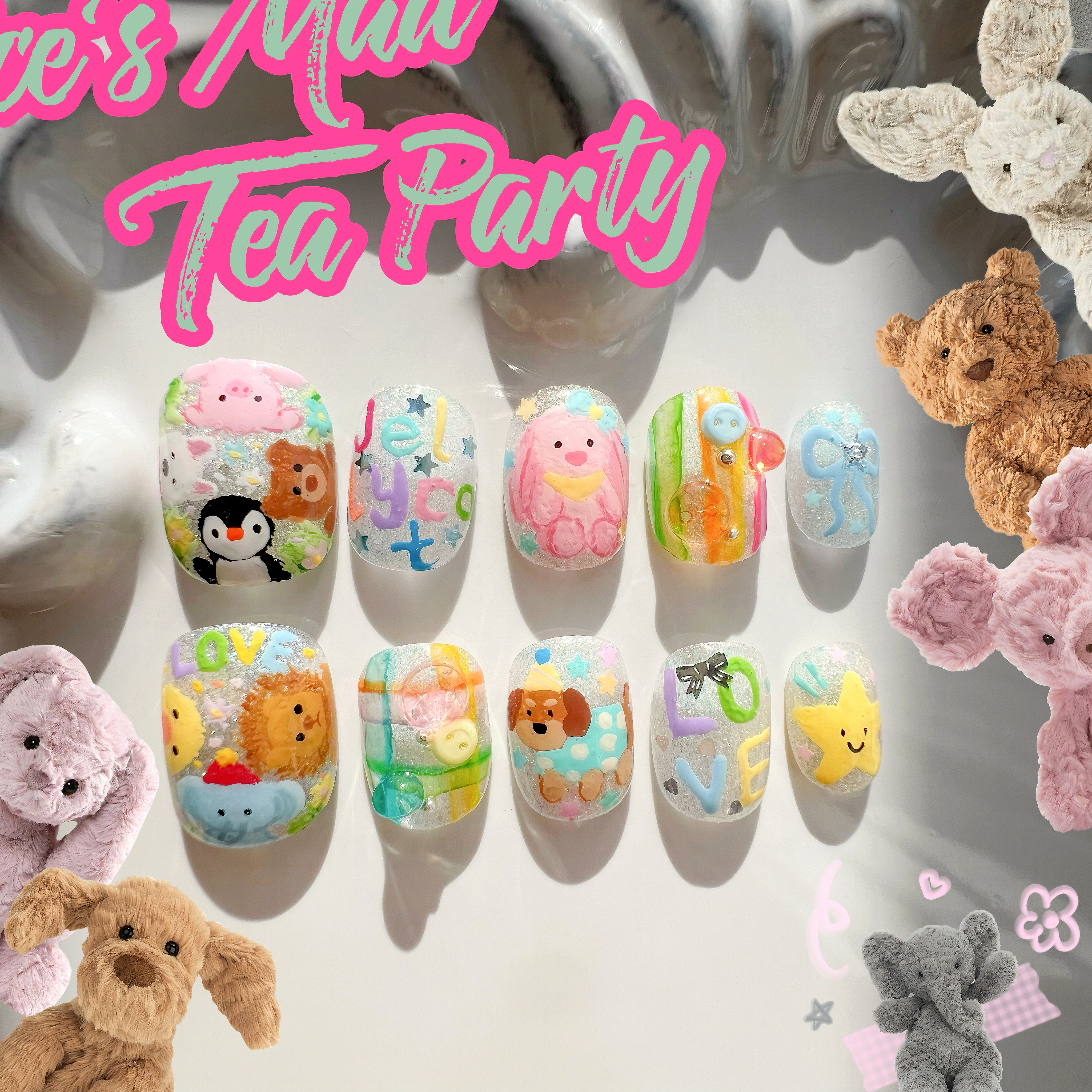 新款纯手绘多巴胺可爱jellycat动物园派对ins风小众重工穿戴甲,彩妆/香水/美妆工具,穿戴甲/甲片,淘宝优惠券,粉丝福利购,淘宝优惠卷