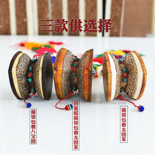 尼泊尔进口手工制作仿旧藏银包裹雕刻八吉祥龙羊皮手鼓藏式法鼓