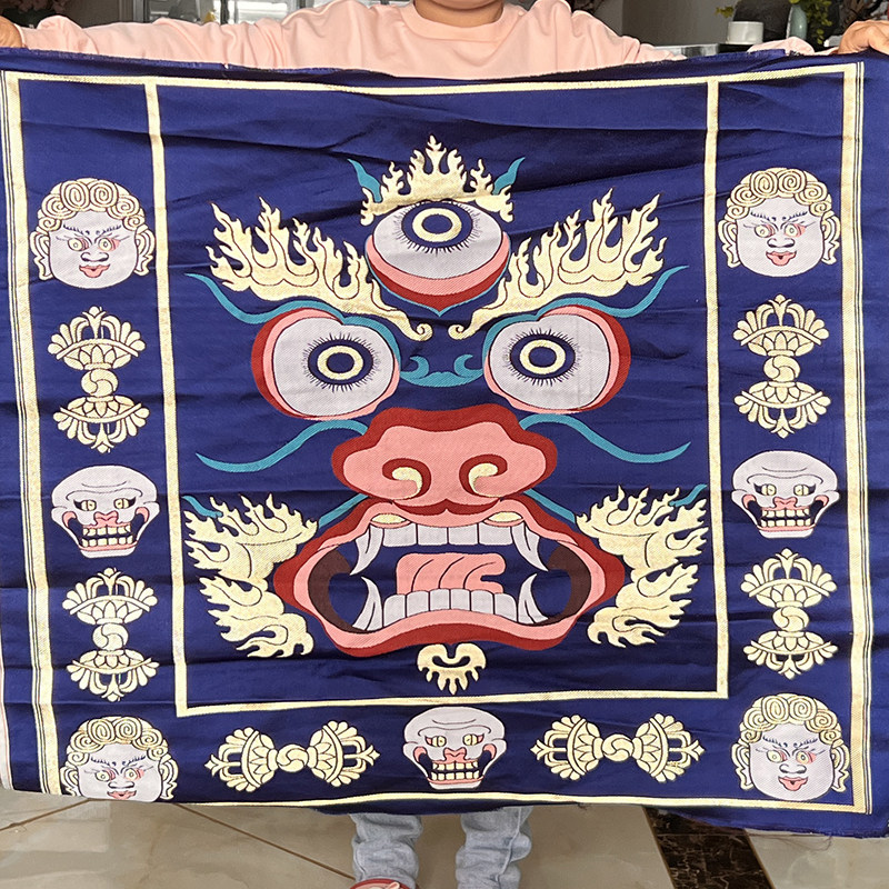藏式布料三眼护法佛头图案密宗佛堂供桌布护法衣服原材料