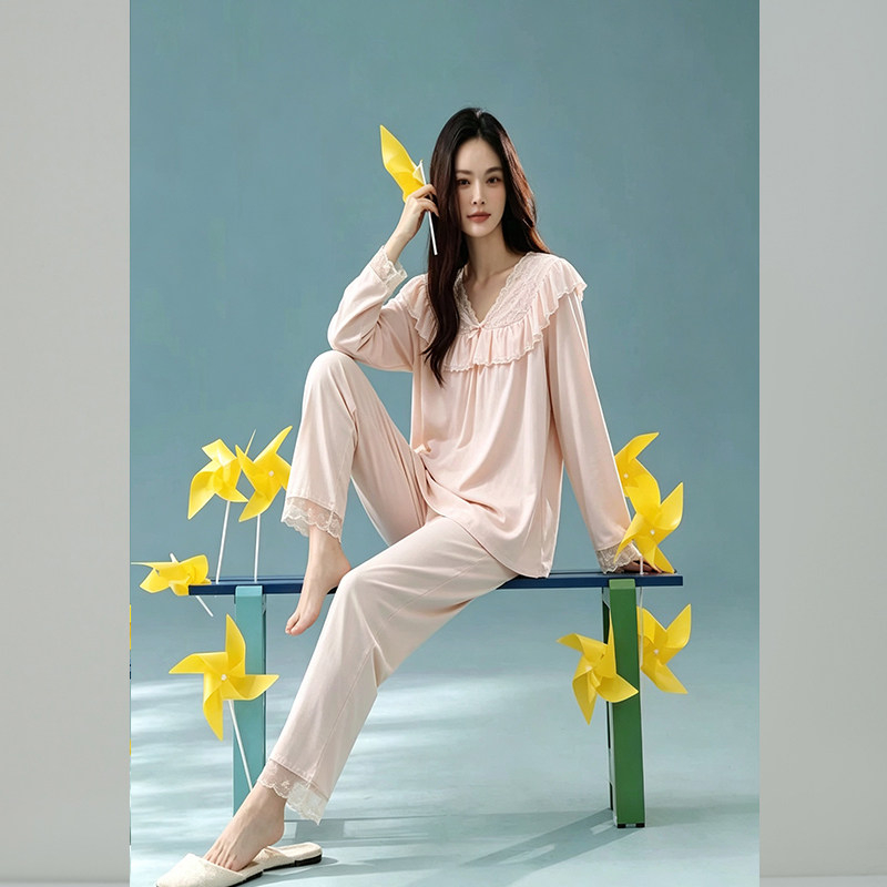 佳洁儿65109秋季女士纯色花边棉+莱赛尔家居服套装