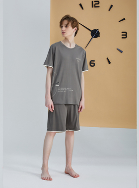 佳洁儿21087夏季男士短袖中裤纯色丝光纯棉家居服套装