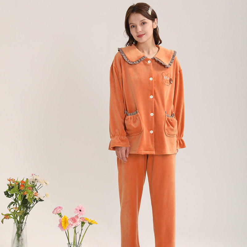 佳洁儿111382秋冬季女士纯色翻领开衫双面海岛绒家居服套装