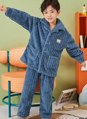 欧卡拉83113秋冬季男童羊羔绒提条纯色家居服套装