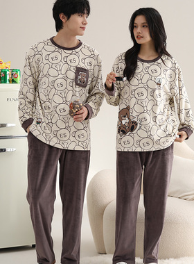 雅巧男64355女64356秋冬季情侣款圆领套头卡通双面海岛绒套装