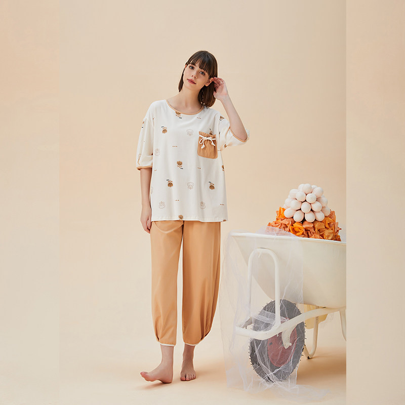 佳洁儿21640夏季女士短袖七分裤丝光纯棉家居服套装