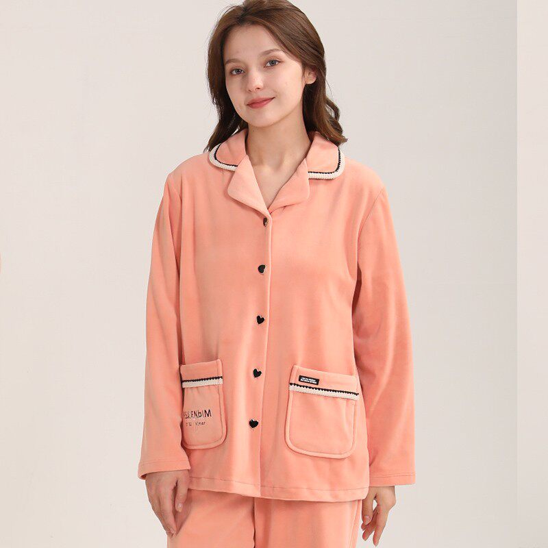 佳洁儿111352秋冬季女士纯色翻领开衫双面海岛绒家居服套装