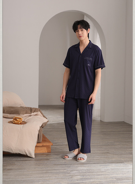 雅巧22357夏季男士短袖长裤纯色棉+莫代尔提花家居服套装