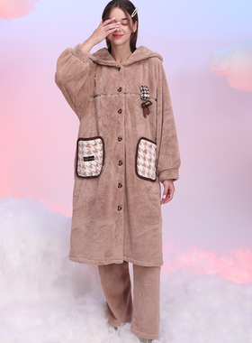 佳洁儿112137秋冬季女士纯色超长版双面海岛绒家居服套装