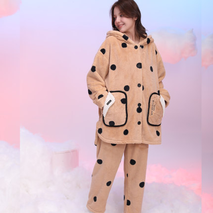 佳洁儿112149秋冬季女士圆点连帽双面法兰绒加长版家居服套装