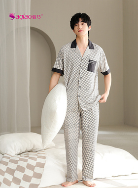 雅巧22147夏季男士短袖长裤格子冰爽棉家居服套装