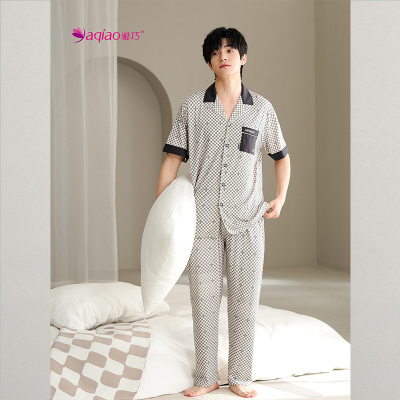 雅巧22147夏季男士短袖长裤格子冰爽棉家居服套装