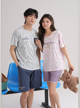 雅巧男22515女22516夏季情侣款短袖短裤卡通棉+莫代尔家居服套装