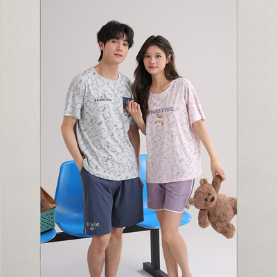 雅巧男22515女22516夏季情侣款短袖短裤卡通棉+莫代尔家居服套装