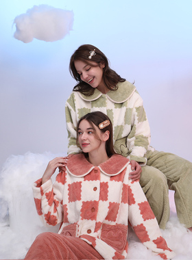 佳洁儿112104秋冬季女士印格加厚法兰绒家居服套装