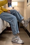 港风个性格子拼接毛边牛仔裤男女韩版直筒九分裤子K311/P45，男装牛仔裤，电商D202