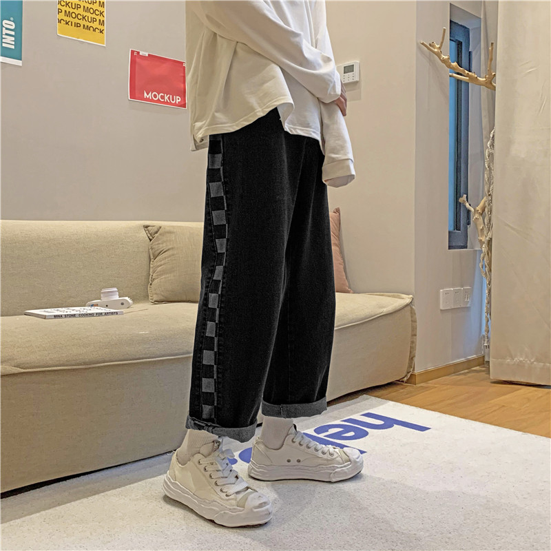 港风个性格子裤拼接秋季牛仔裤男女韩版潮流直筒九分裤子,男装牛仔裤,电商D202
