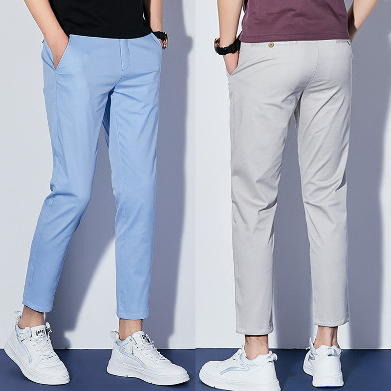 夏季薄款男士九分裤浅蓝色休闲裤彩色纯棉小脚韩版修身微弹裤子潮