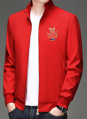 春季新款红色龙刺绣男士夹克外套加绒男装休闲上衣潮流帅气棒球服