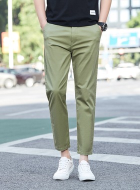 夏季新款薄款男士九分裤纯棉直筒草绿色弹力时尚潮流青年休闲裤子