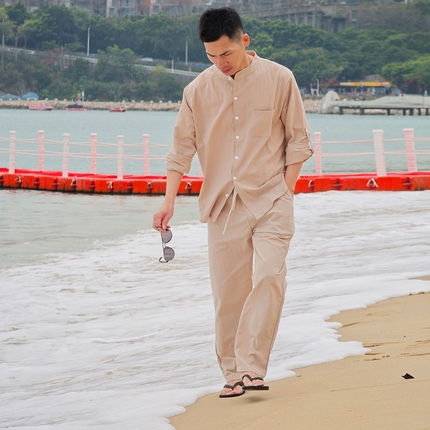 法式男士套装时尚休闲旅行度假宽松浅卡其黑色长袖亚麻衬衫两件套