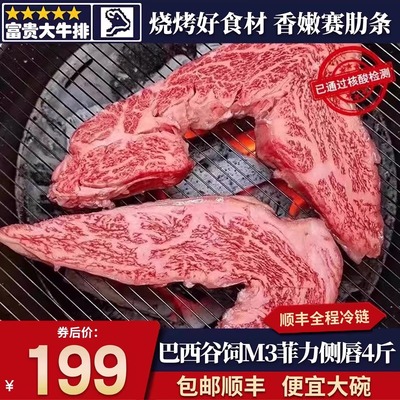 包邮4斤m3菲力侧唇牛排原切安格斯谷饲250烧烤小牛肋条肉清真牛肉