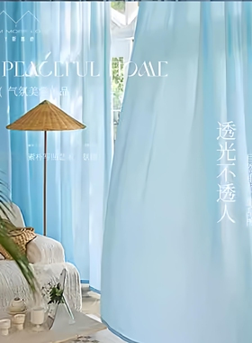 纱帘透光不透人窗帘隔热防晒客厅免打孔安装阳台飘窗卧室窗纱蓝色