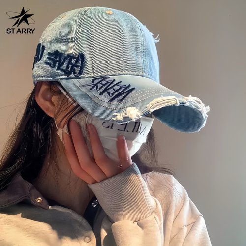 ST ARRY 美式做旧破洞牛仔棒球帽女刺绣字母显脸小宽帽檐鸭舌帽子