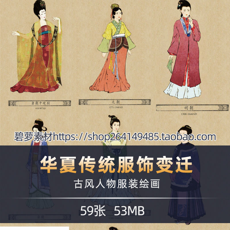 华夏古代服饰各朝代服装变迁手绘古风人物临摹参考技法美术素材包