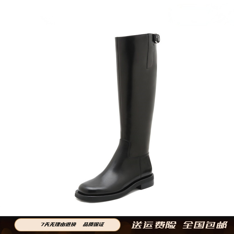 2025年冬季新款骑士靴加绒方头长靴高筒靴潮酷低跟女长皮靴D2573