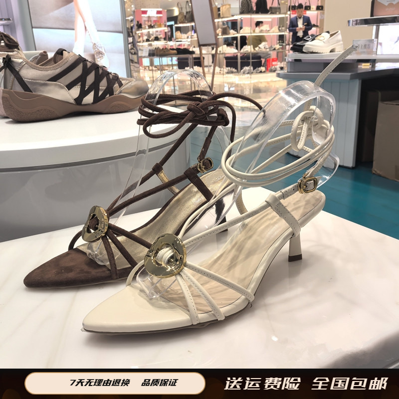 商场同款女鞋2025夏季新款时尚饰扣尖头细带高跟绑带女凉鞋YXZ08