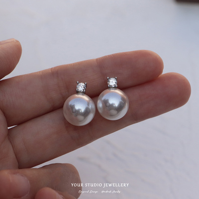 精工高版本！S925纯银耳钉珍珠超闪锆石镶嵌耳饰女王妃款女通勤