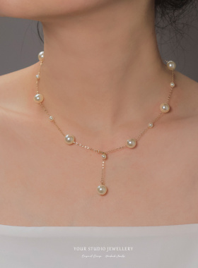 闪亮满天星施家奶油白珍珠项链大小珠锁骨链女礼物多种戴法纯手工