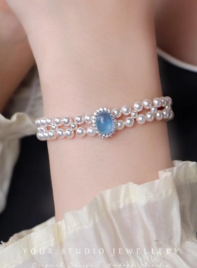 海之泪系列 原创设计双层天然海蓝宝施家珍珠手链纯银匠心礼物女