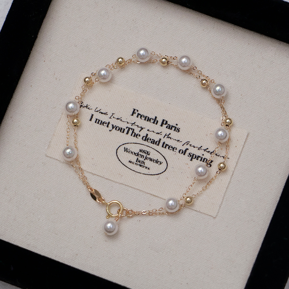 纯手工制作！超亮施家珍珠白5mm双层满天星手链可调节礼物设计感