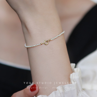 罕见极细正圆无暇人造珍珠手链美国14k包金叠戴fever同款手串女