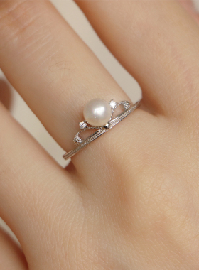 缪斯 强光天然淡水珍珠纯银S925银戒指可调节戒子设计感精致日常