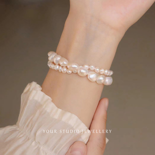 稀有极强光天然淡水巴洛克珍珠手链手串弹力绳时尚礼物女叠戴