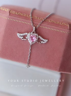 丘比特之心纯银项链女粉色爱心