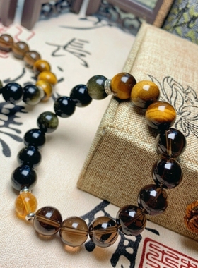 明星同款天然水晶茶晶虎眼黑曜石手水晶手链情侣礼物金霸手串