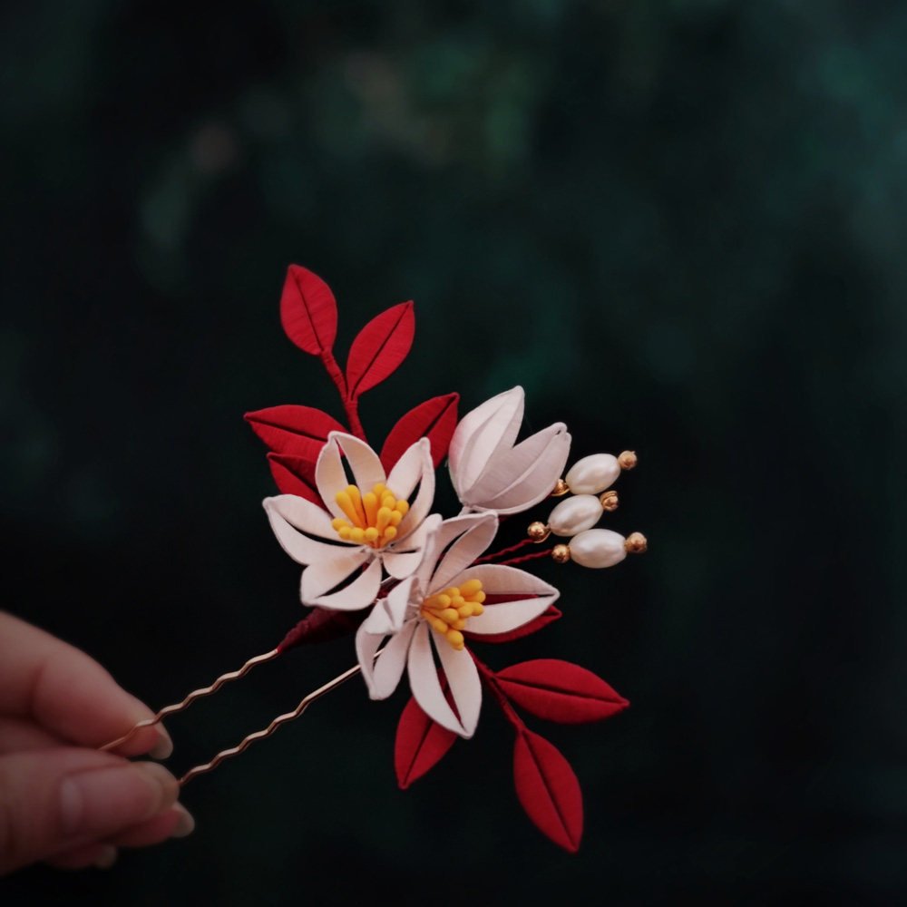 洛城古都 缠花成品桃花发冠u钗古风发饰复古新中式头饰汉服配饰