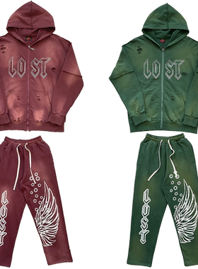 Lost intricacy Hoodies 镶钻洗水破洞休闲拉链连帽卫衣长裤套装