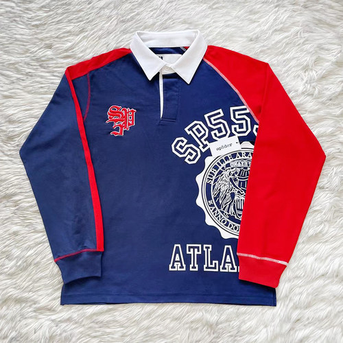 Sp5der worldwide 555555 美式复古撞色拼接字母印花长袖POLO 衫