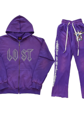 Lost intricacy  镶钻洗水休闲拉链连帽卫衣长裤套装