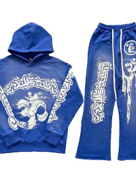 Hellstar Blue Yoga Hoodie pants 洗水重工拼接男女休闲卫衣长裤