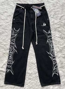 HELLSTAR STUDIOS 侧边印花图案抽绳重工洗水复古高街牛仔裤