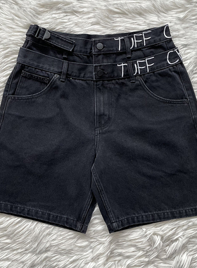 TUFF CROWD 美式高街小众设计刺绣黑色休闲牛仔短裤