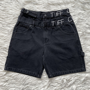 TUFF CROWD 美式高街小众设计刺绣黑色休闲牛仔短裤
