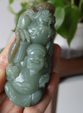 糖青白玉手把件财神爷玉把件生意兴隆龙玉石把玩件附证