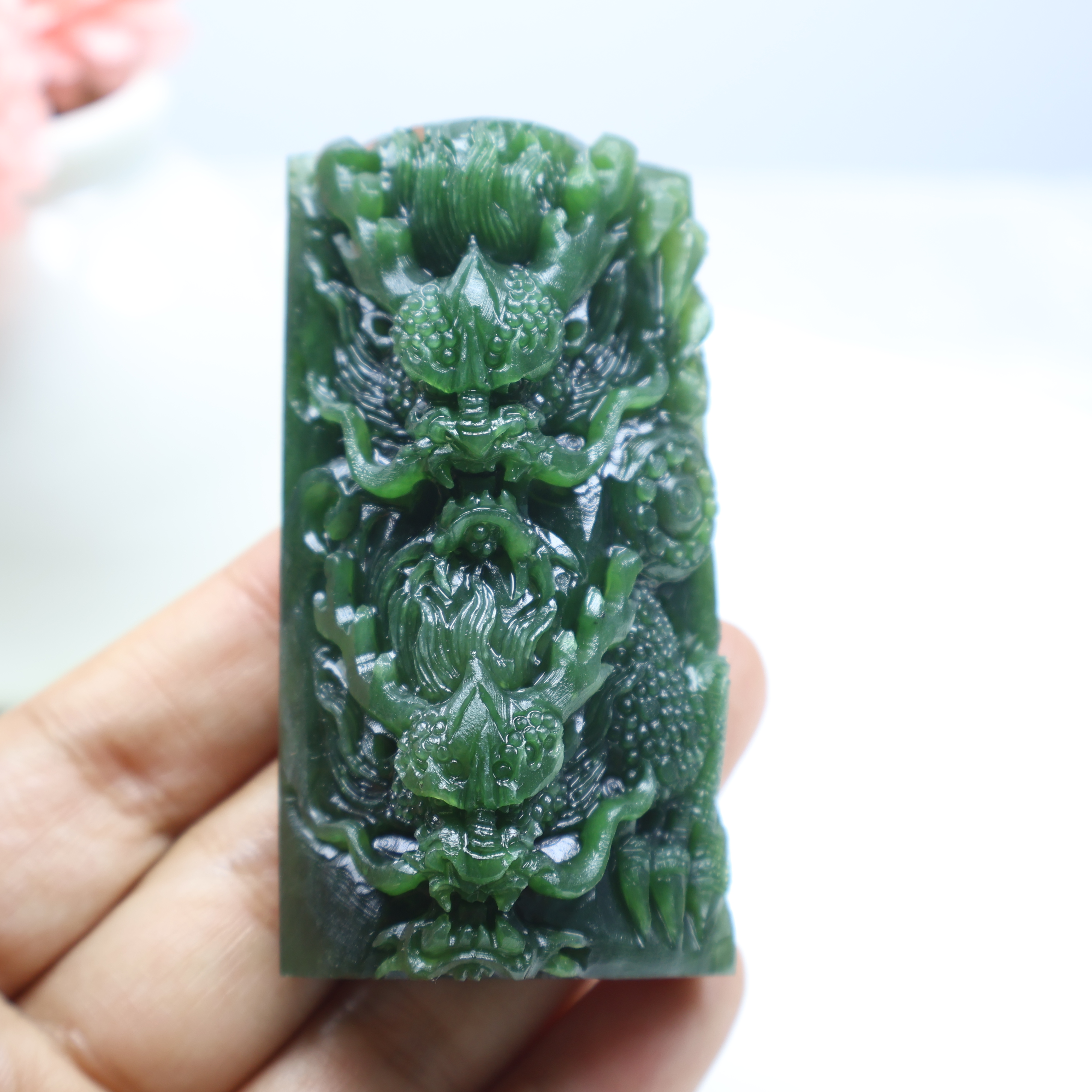 天然和田玉碧玉龙凤呈祥吊坠挂件手把件绿色碧玉双龙玉牌手把件