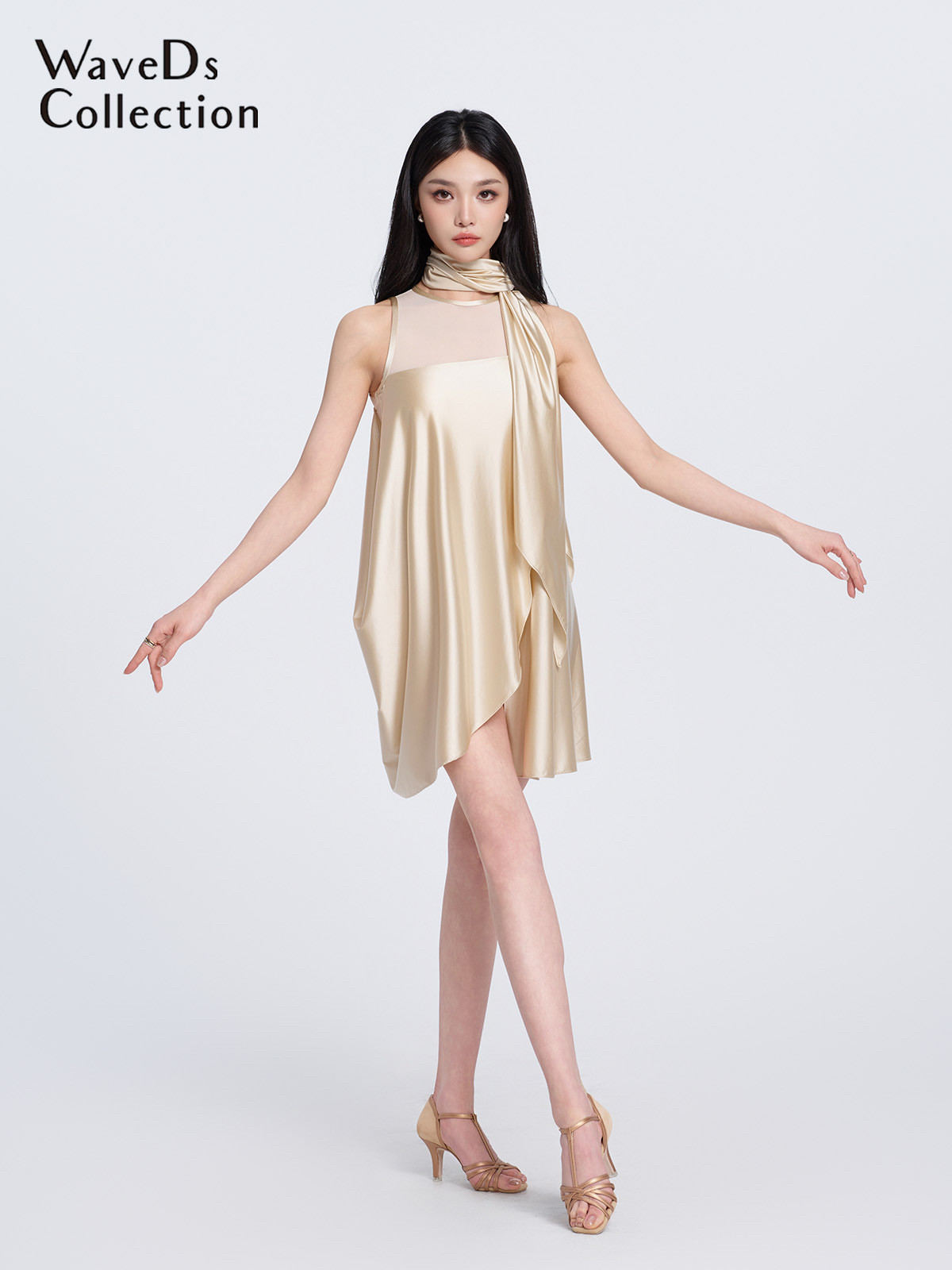 未午拉丁舞服女士教师服春夏成人无袖网纱拼接缎面连衣裙简洁优雅